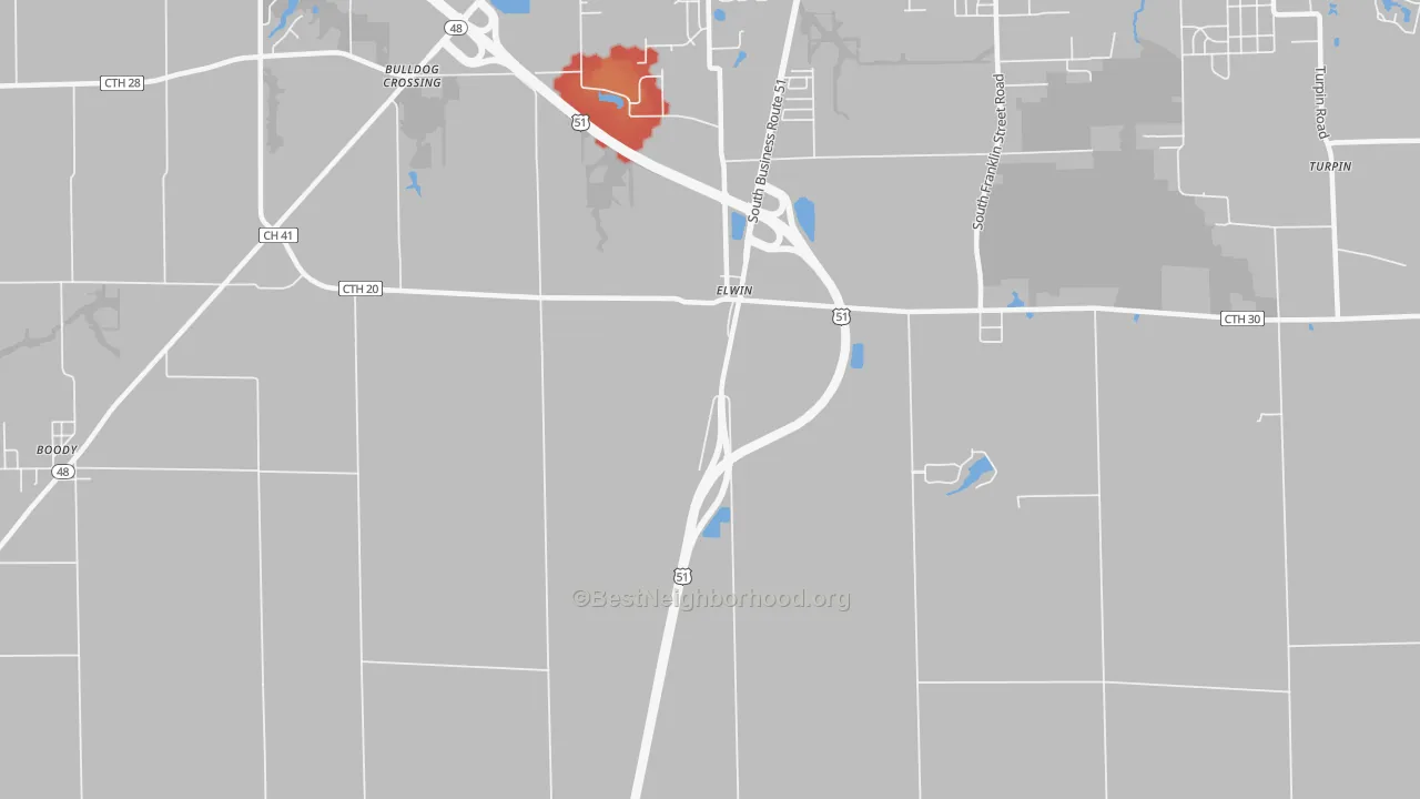 Walk Grade map of 62532, IL, walkable areas in green and car-dependent areas in red