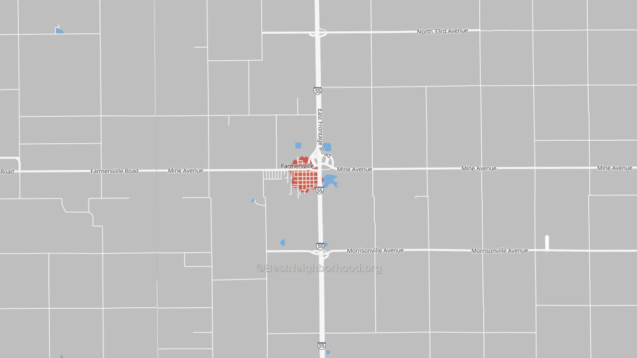 Walk Grade map of 62533, IL, walkable areas in green and car-dependent areas in red