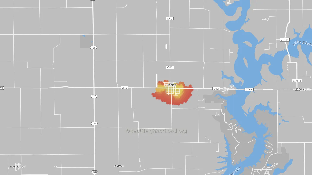 Walk Grade map of 62534, IL, walkable areas in green and car-dependent areas in red