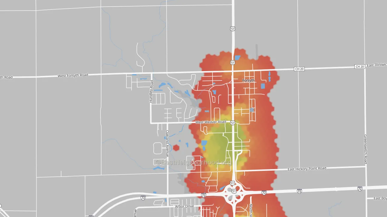Walk Grade map of 62535, IL, walkable areas in green and car-dependent areas in red
