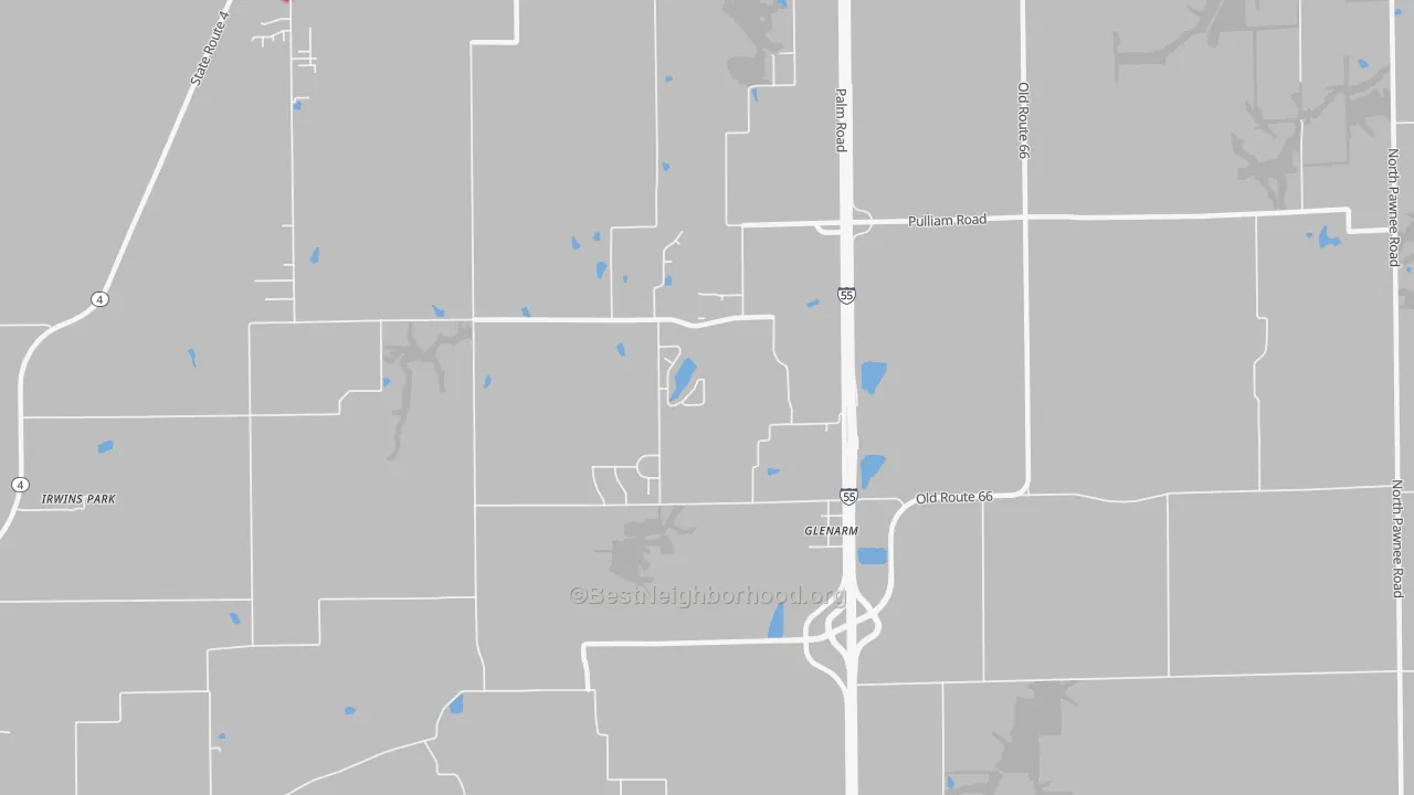 Walk Grade map of 62536, IL, walkable areas in green and car-dependent areas in red