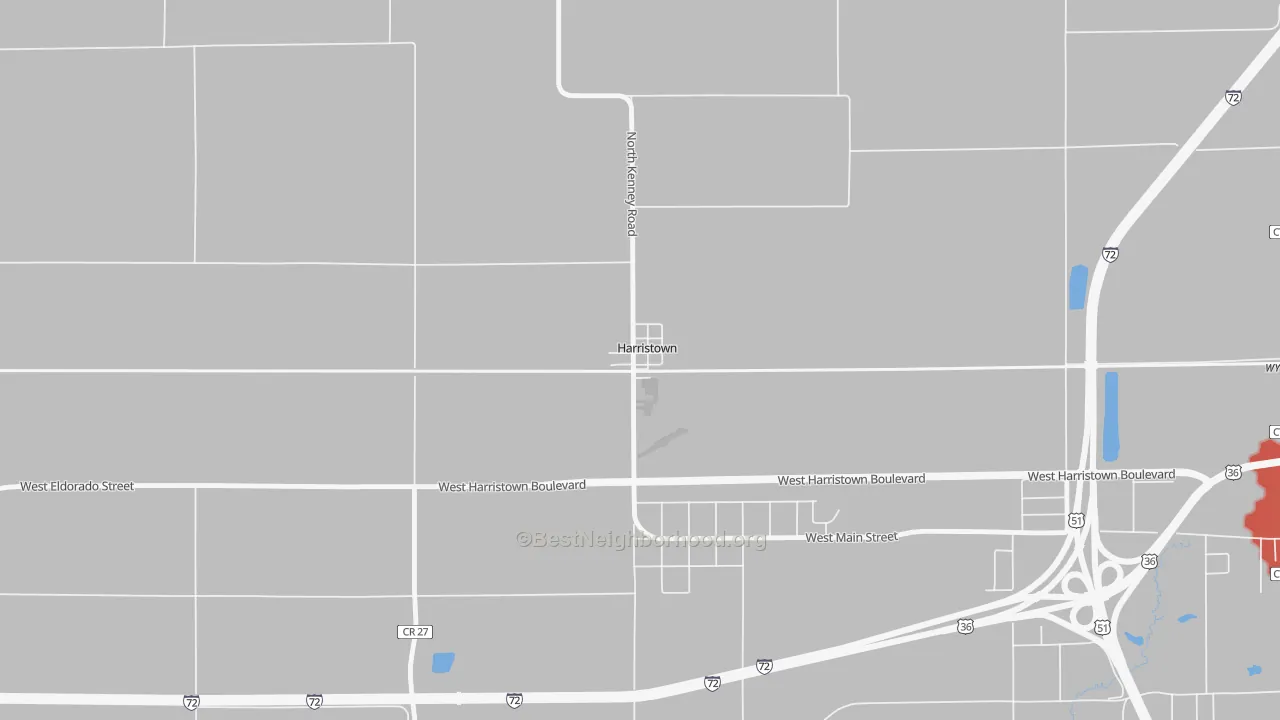 Walk Grade map of 62537, IL, walkable areas in green and car-dependent areas in red