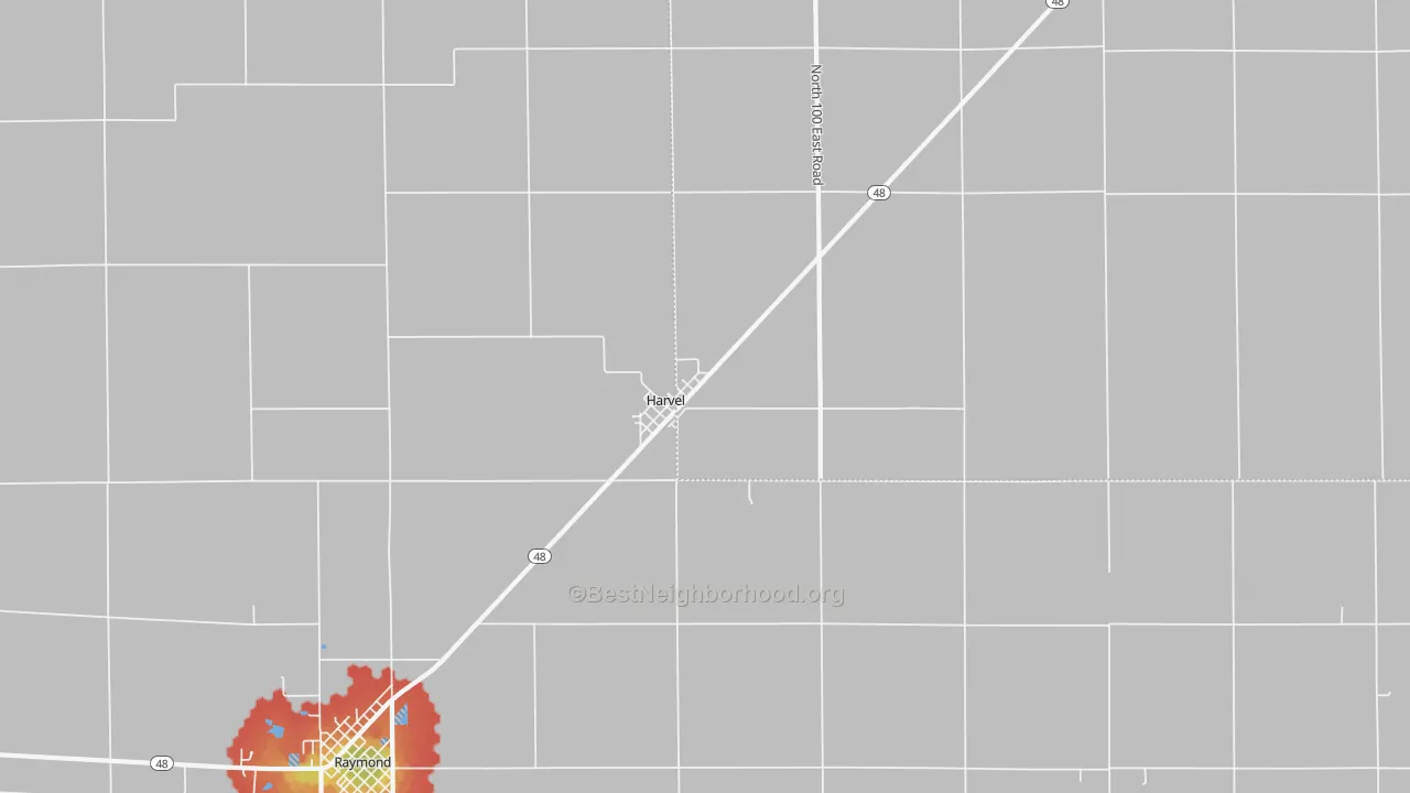 Walk Grade map of 62538, IL, walkable areas in green and car-dependent areas in red