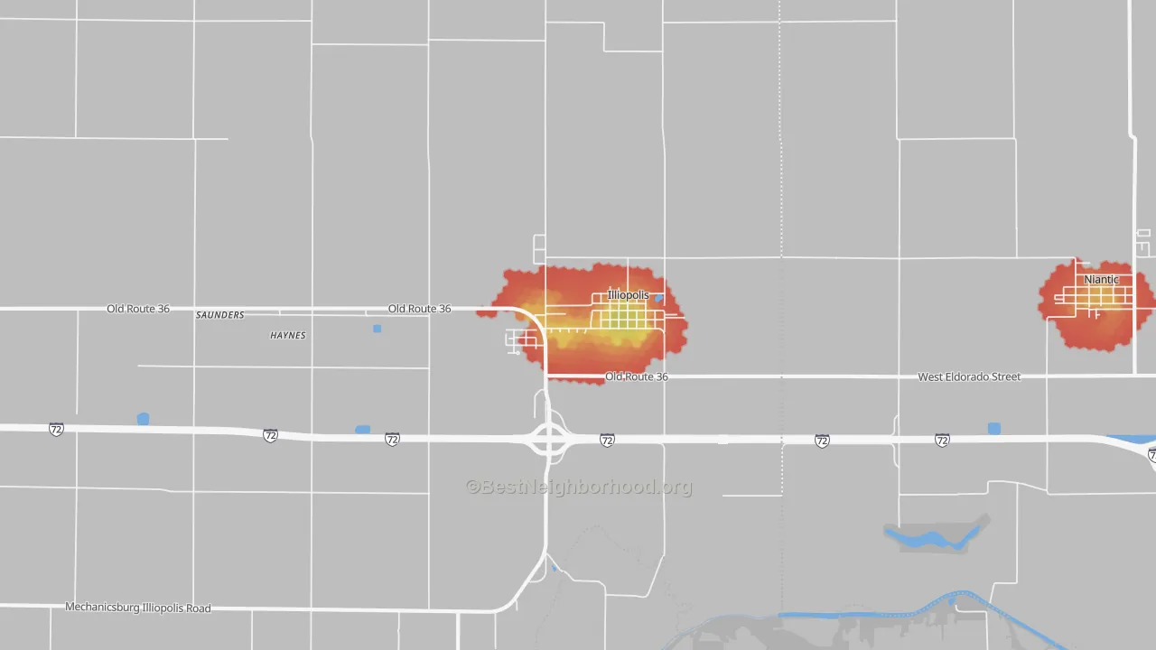 Walk Grade map of 62539, IL, walkable areas in green and car-dependent areas in red