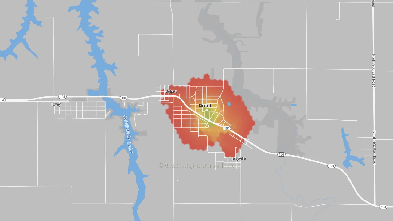 Walk Grade map of 62540, IL, walkable areas in green and car-dependent areas in red