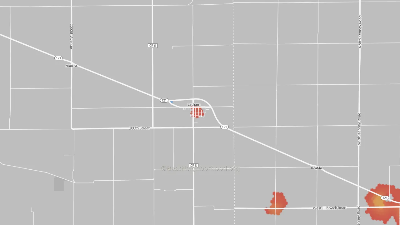 Walk Grade map of 62543, IL, walkable areas in green and car-dependent areas in red