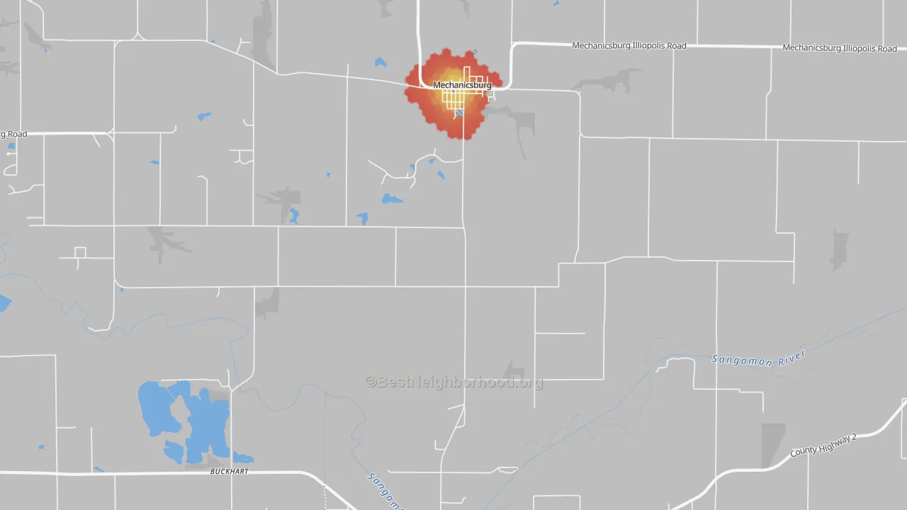 Walk Grade map of 62545, IL, walkable areas in green and car-dependent areas in red