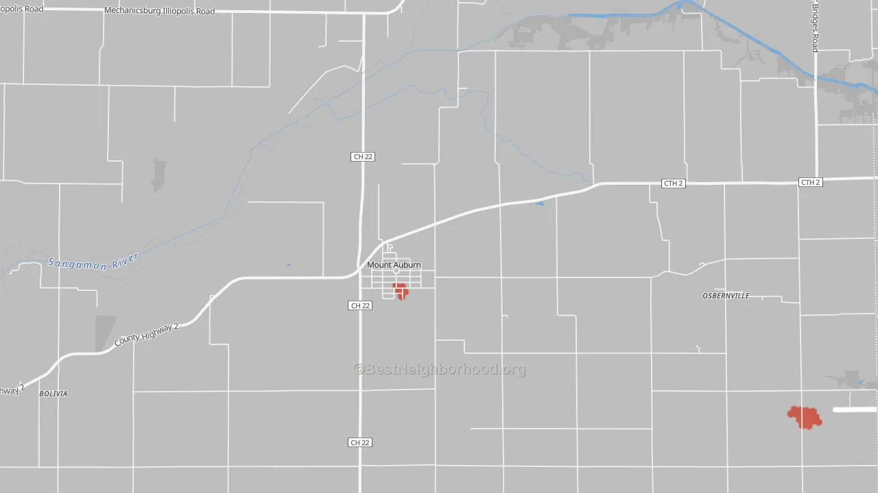 Walk Grade map of 62547, IL, walkable areas in green and car-dependent areas in red