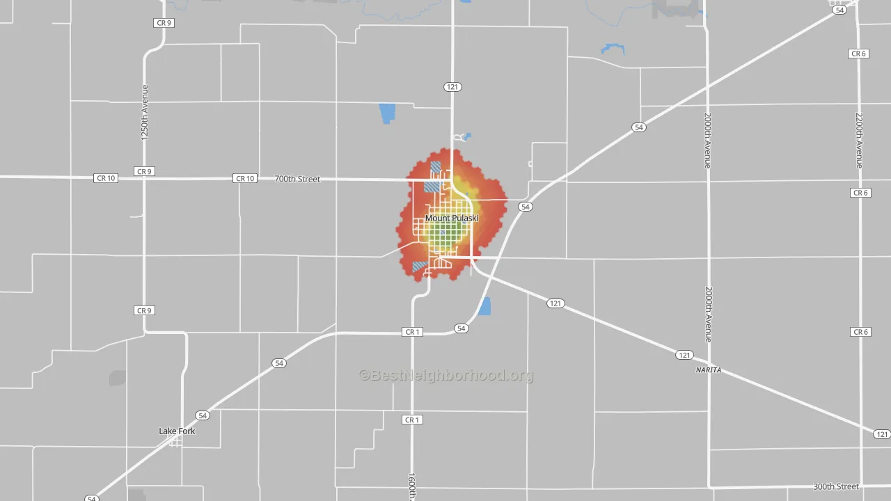 Walk Grade map of 62548, IL, walkable areas in green and car-dependent areas in red