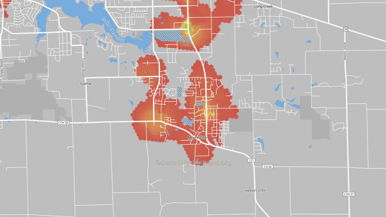 Walk Grade map of 62549, IL, walkable areas in green and car-dependent areas in red