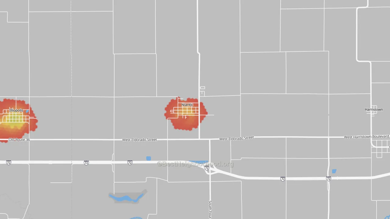 Walk Grade map of 62551, IL, walkable areas in green and car-dependent areas in red