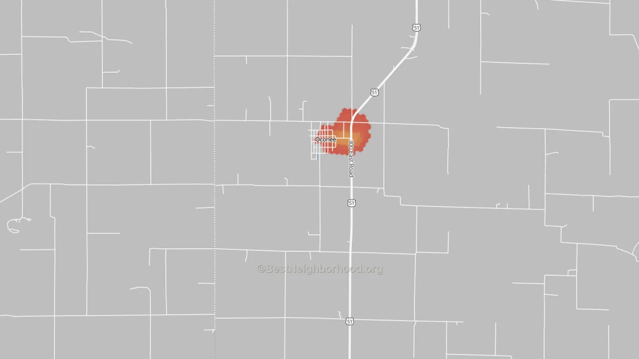 Walk Grade map of 62553, IL, walkable areas in green and car-dependent areas in red