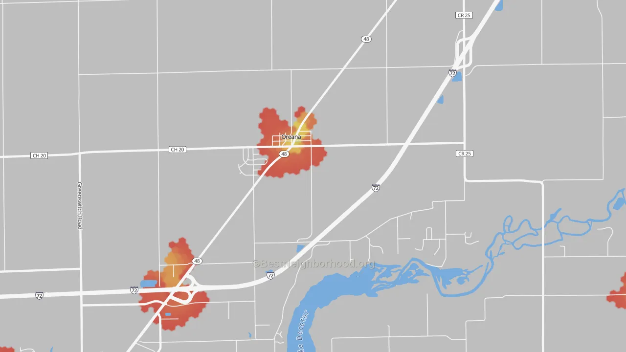 Walk Grade map of 62554, IL, walkable areas in green and car-dependent areas in red