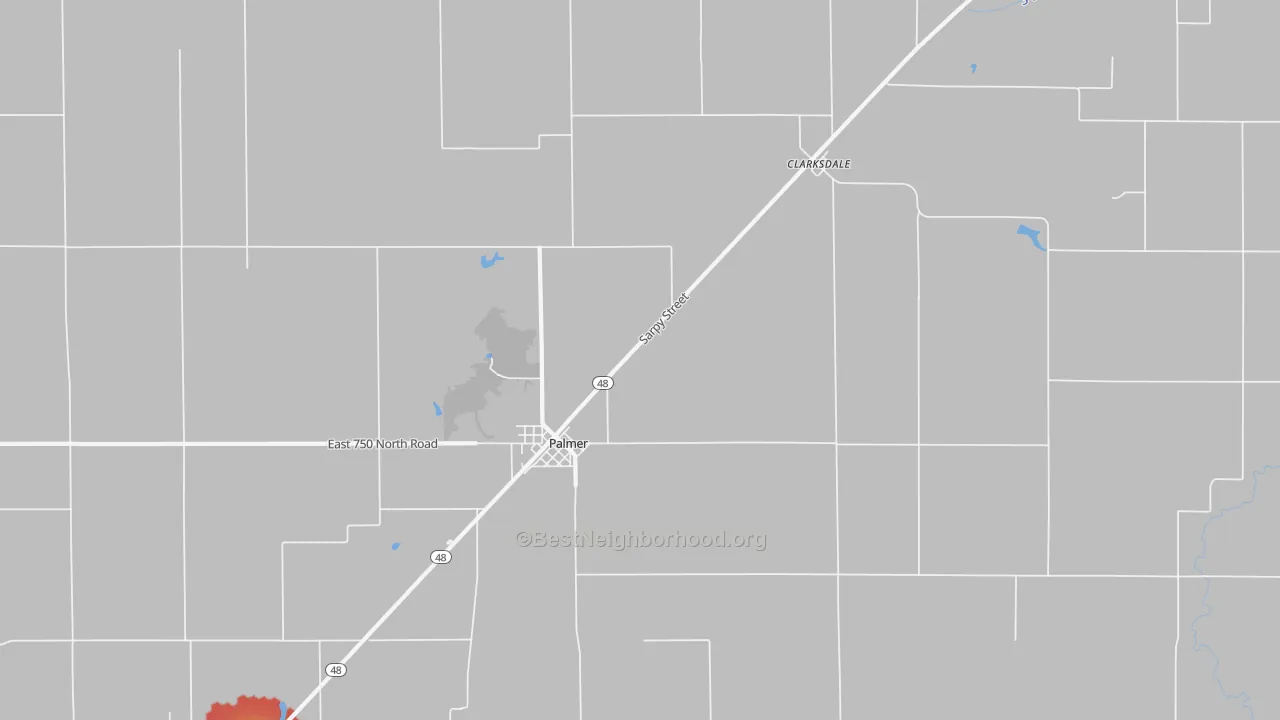 Walk Grade map of 62556, IL, walkable areas in green and car-dependent areas in red