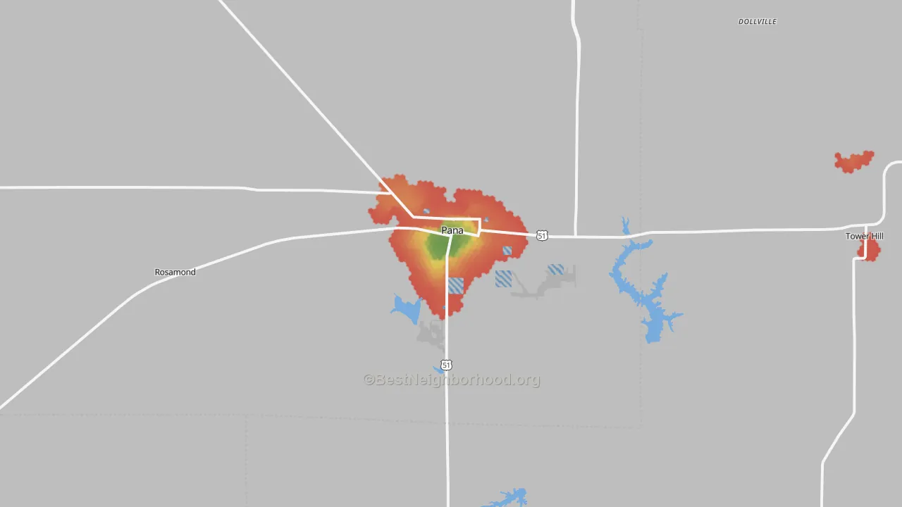Walk Grade map of 62557, IL, walkable areas in green and car-dependent areas in red