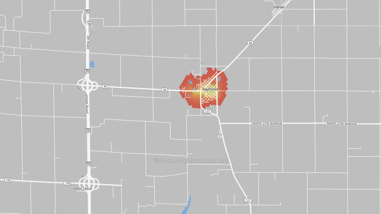 Walk Grade map of 62560, IL, walkable areas in green and car-dependent areas in red