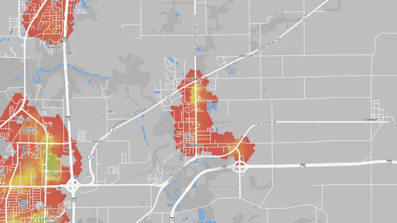 Walk Grade map of 62561, IL, walkable areas in green and car-dependent areas in red