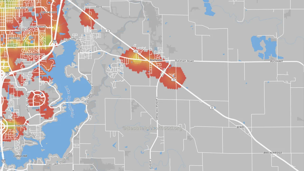Walk Grade map of 62563, IL, walkable areas in green and car-dependent areas in red