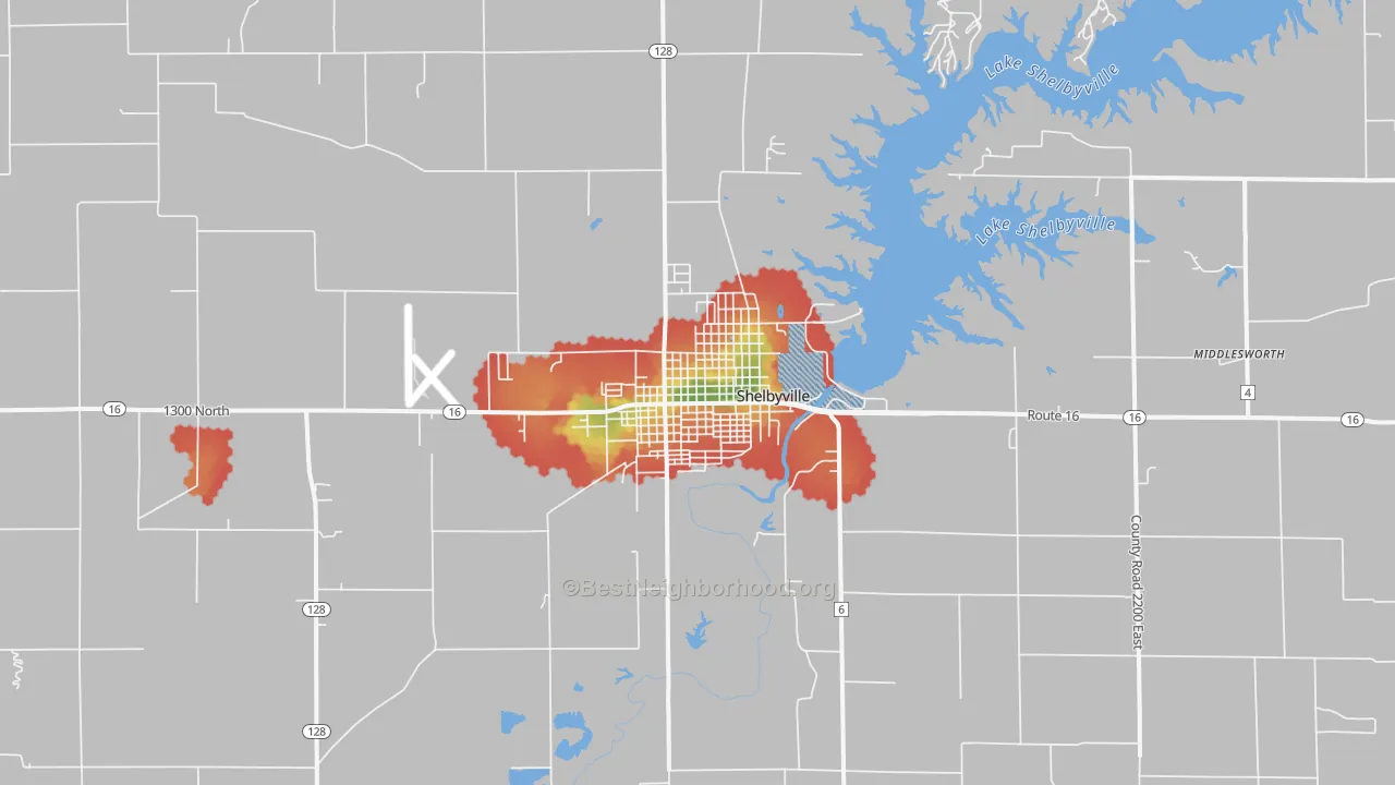 Walk Grade map of 62565, IL, walkable areas in green and car-dependent areas in red