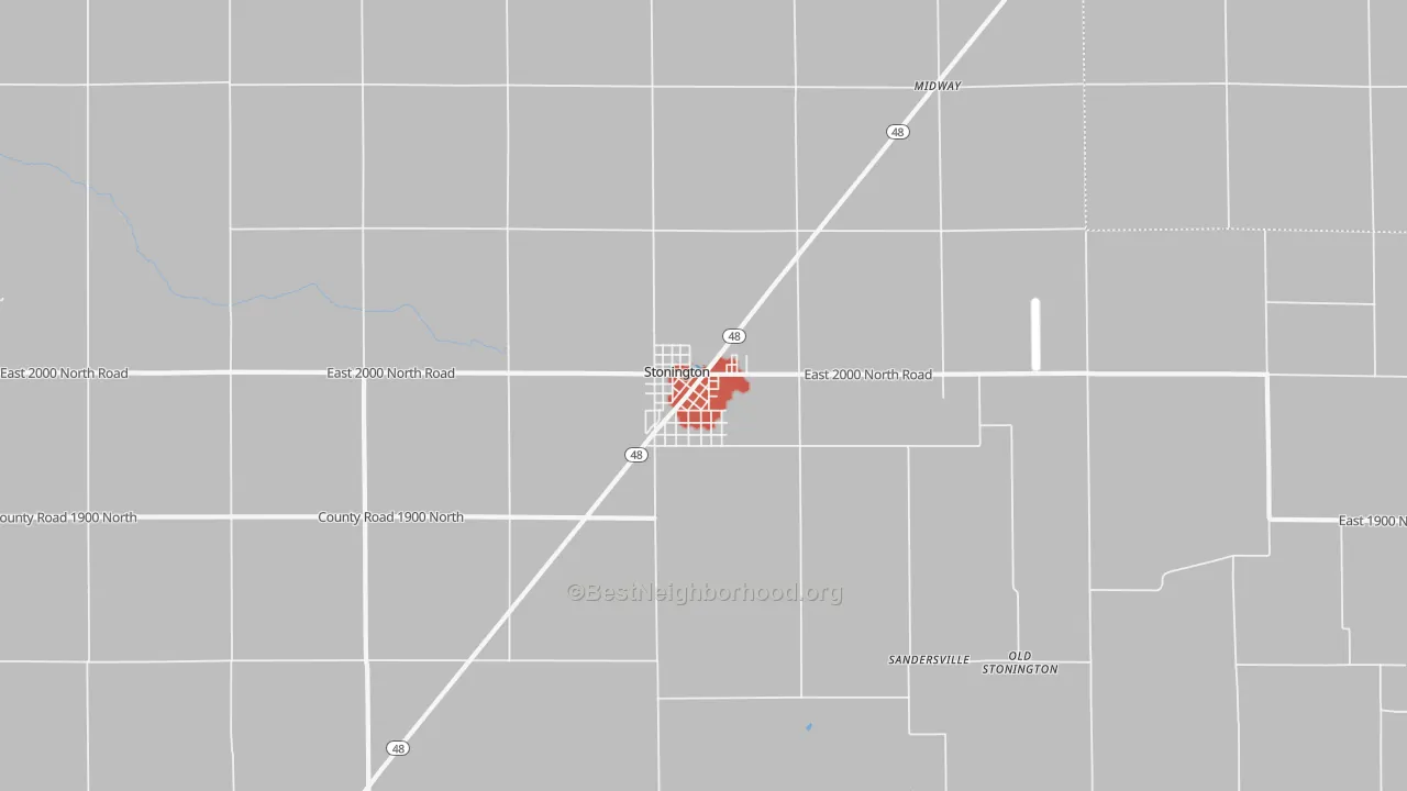 Walk Grade map of 62567, IL, walkable areas in green and car-dependent areas in red