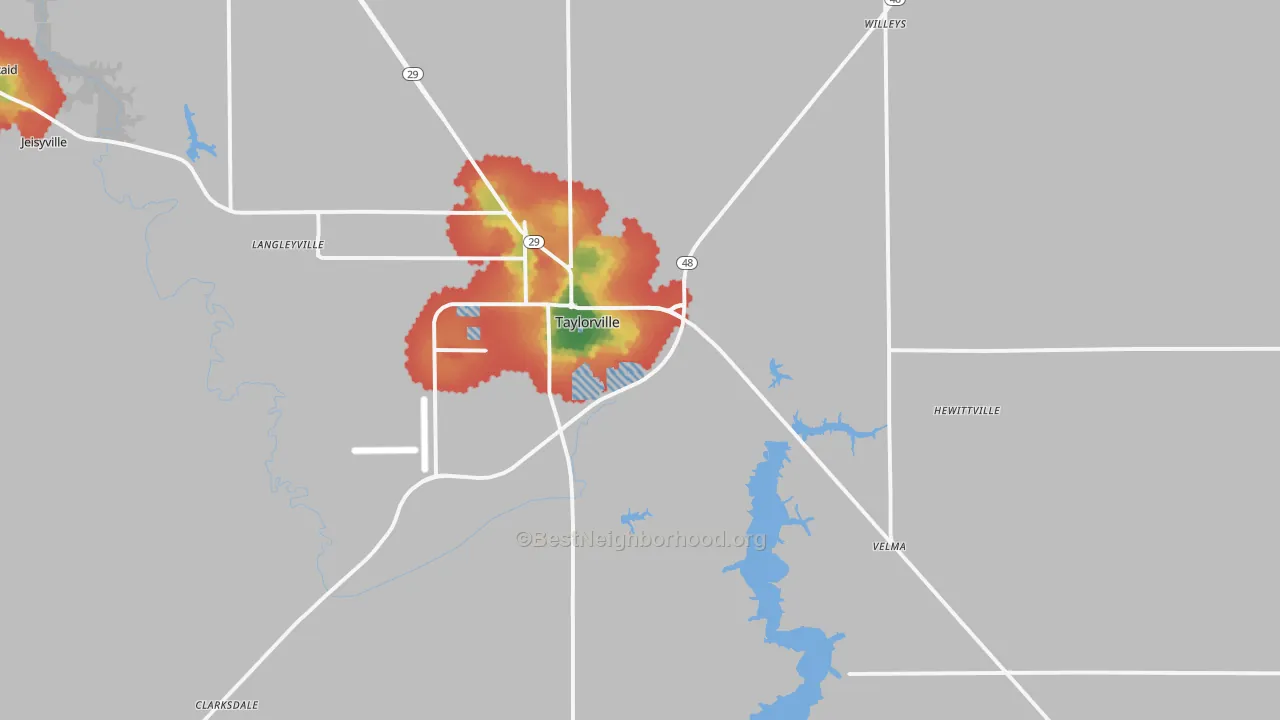 Walk Grade map of 62568, IL, walkable areas in green and car-dependent areas in red