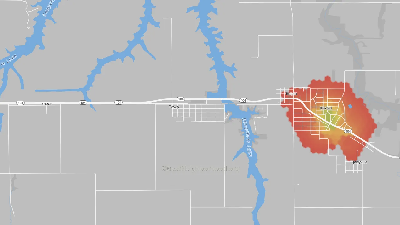 Walk Grade map of 62570, IL, walkable areas in green and car-dependent areas in red