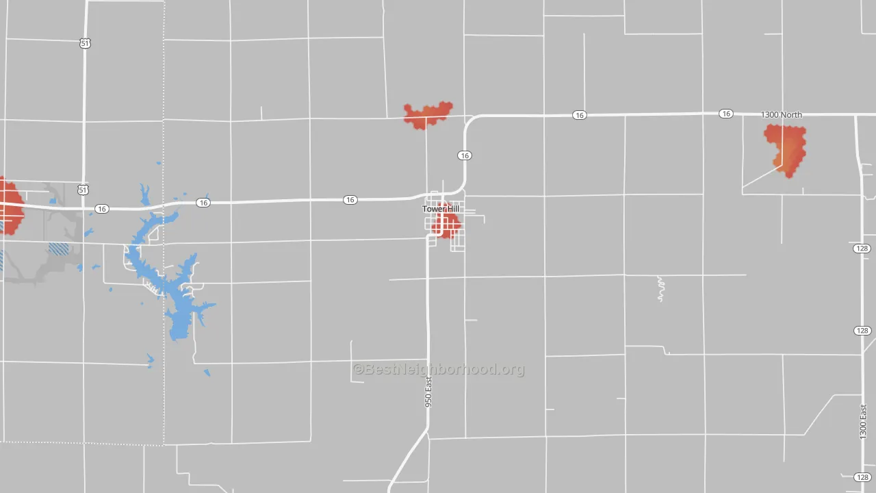 Walk Grade map of 62571, IL, walkable areas in green and car-dependent areas in red