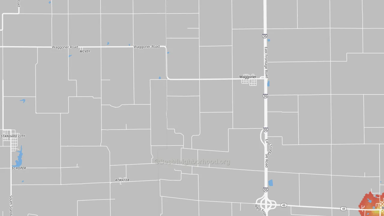 Walk Grade map of 62572, IL, walkable areas in green and car-dependent areas in red