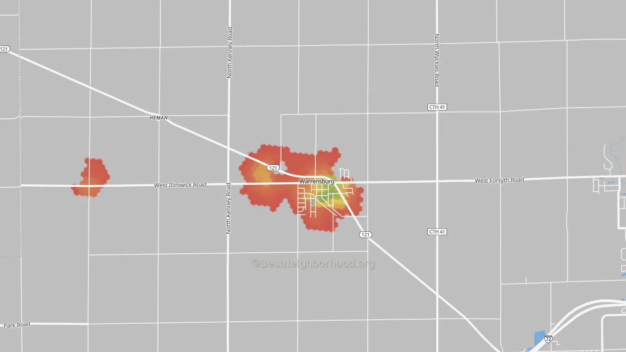 Walk Grade map of 62573, IL, walkable areas in green and car-dependent areas in red