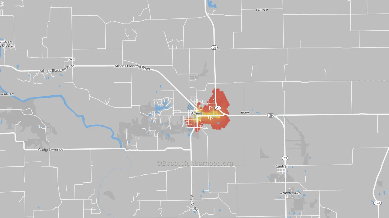 Walk Grade map of 62613, IL, walkable areas in green and car-dependent areas in red