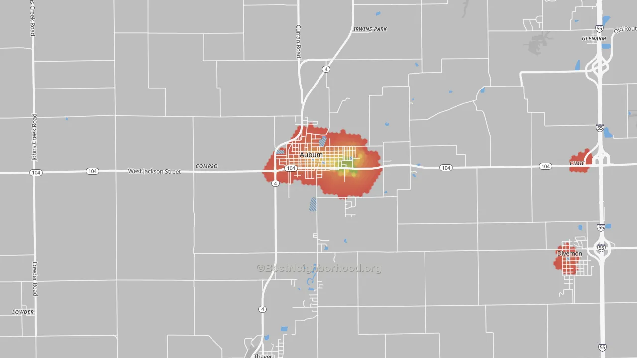 Walk Grade map of 62615, IL, walkable areas in green and car-dependent areas in red
