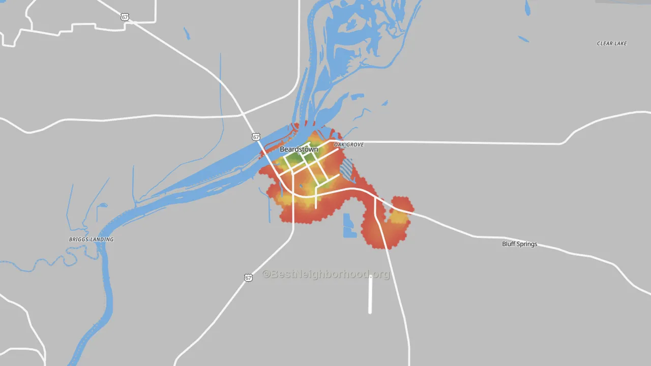 Walk Grade map of 62618, IL, walkable areas in green and car-dependent areas in red