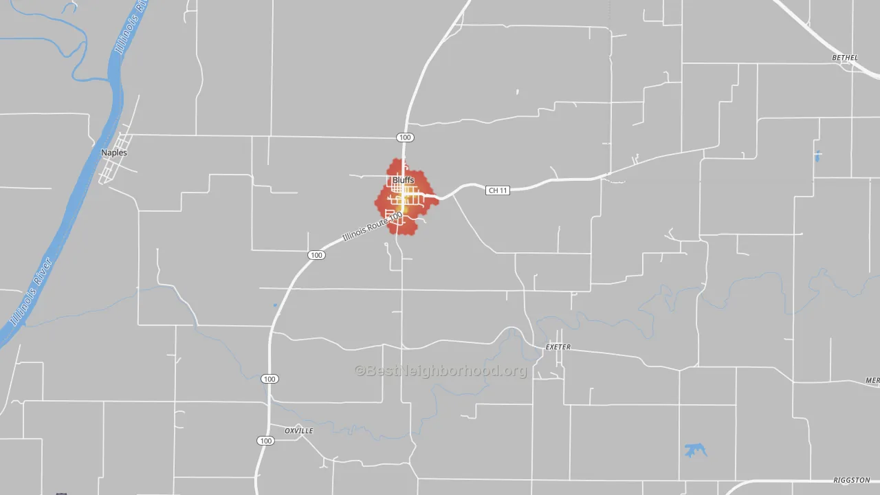 Walk Grade map of 62621, IL, walkable areas in green and car-dependent areas in red