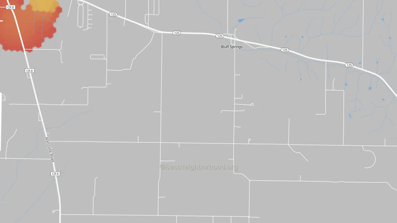 Walk Grade map of 62622, IL, walkable areas in green and car-dependent areas in red