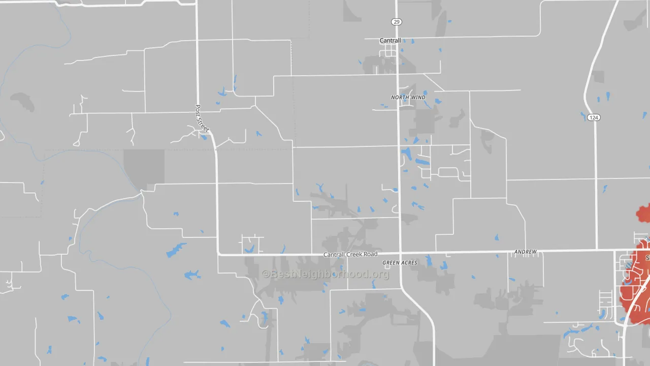 Walk Grade map of 62625, IL, walkable areas in green and car-dependent areas in red