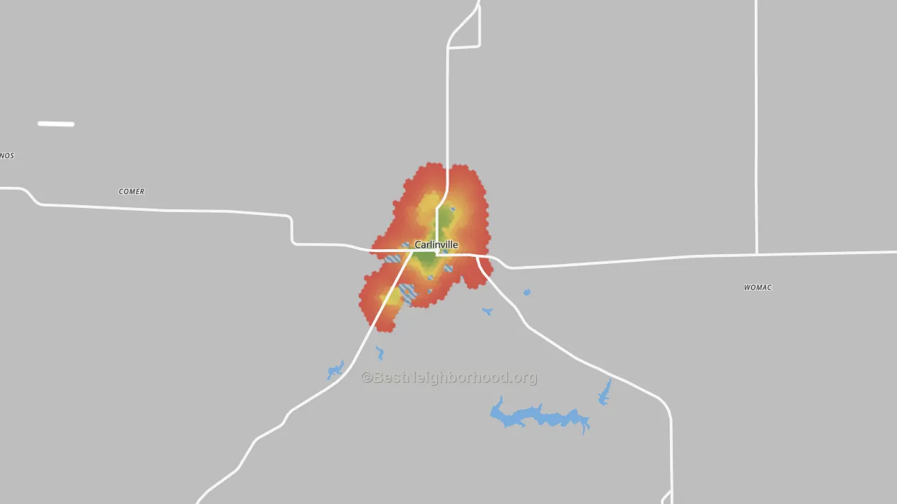 Walk Grade map of 62626, IL, walkable areas in green and car-dependent areas in red