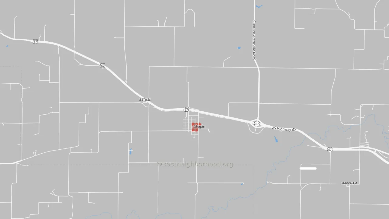 Walk Grade map of 62628, IL, walkable areas in green and car-dependent areas in red