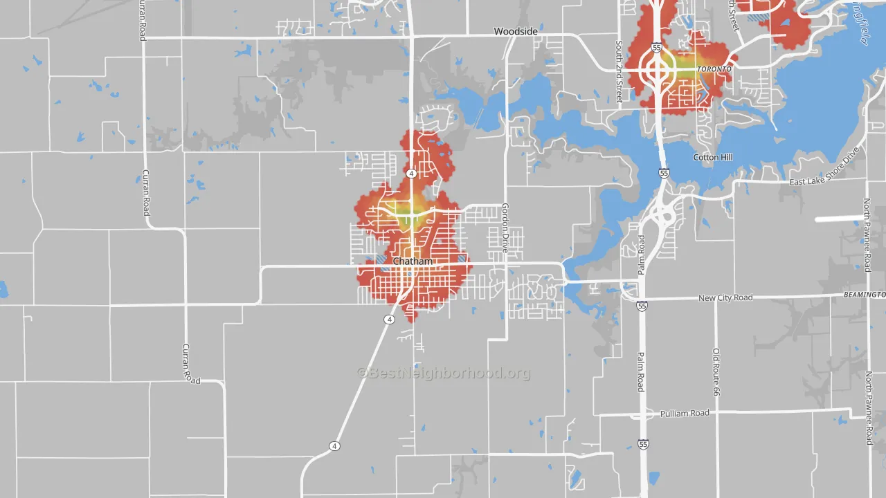 Walk Grade map of 62629, IL, walkable areas in green and car-dependent areas in red