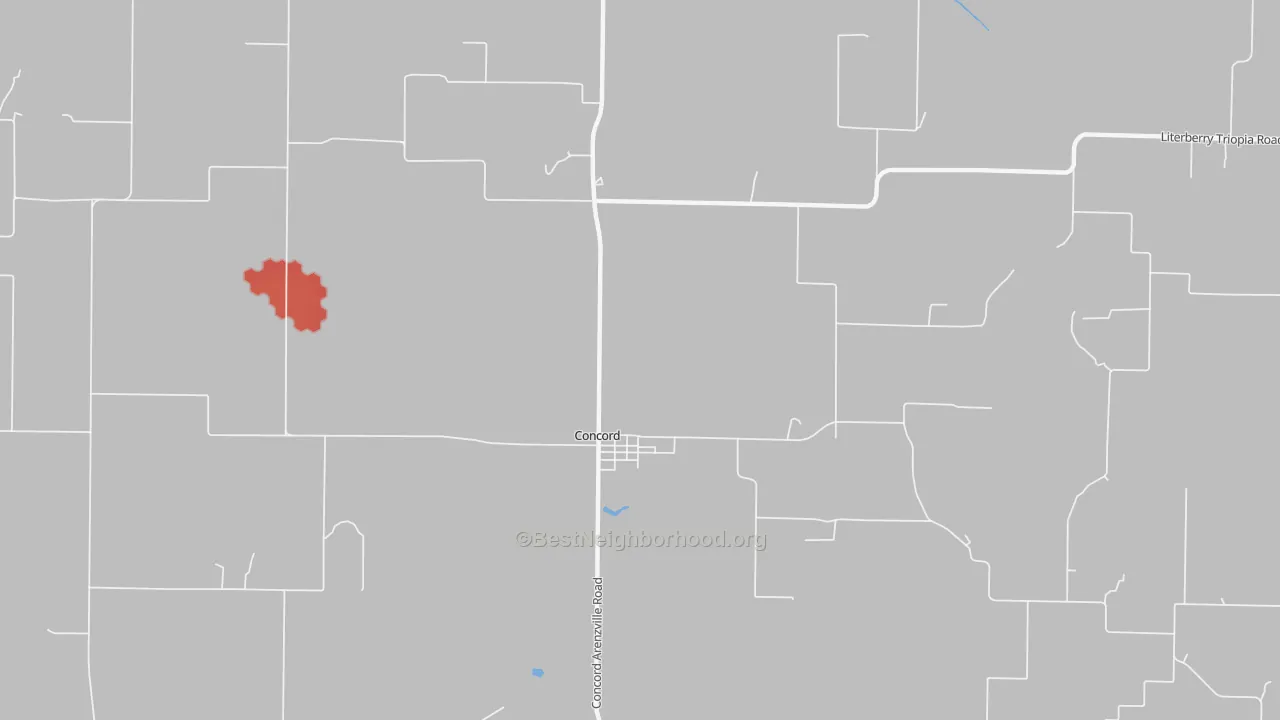 Walk Grade map of 62631, IL, walkable areas in green and car-dependent areas in red