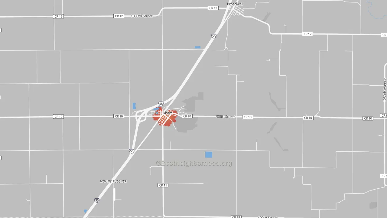 Walk Grade map of 62634, IL, walkable areas in green and car-dependent areas in red