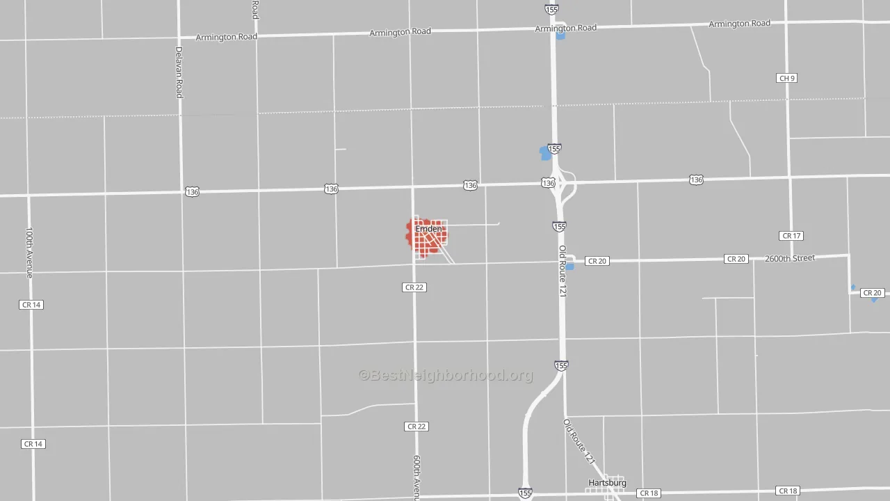 Walk Grade map of 62635, IL, walkable areas in green and car-dependent areas in red