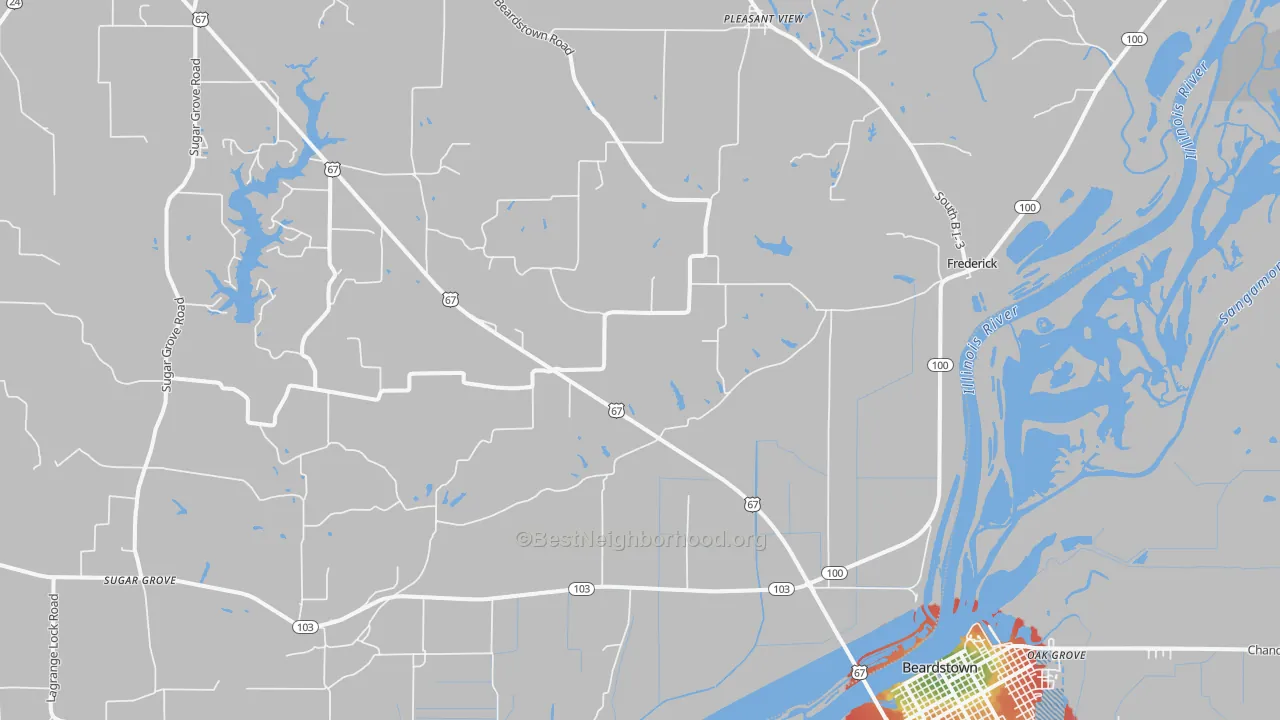 Walk Grade map of 62639, IL, walkable areas in green and car-dependent areas in red