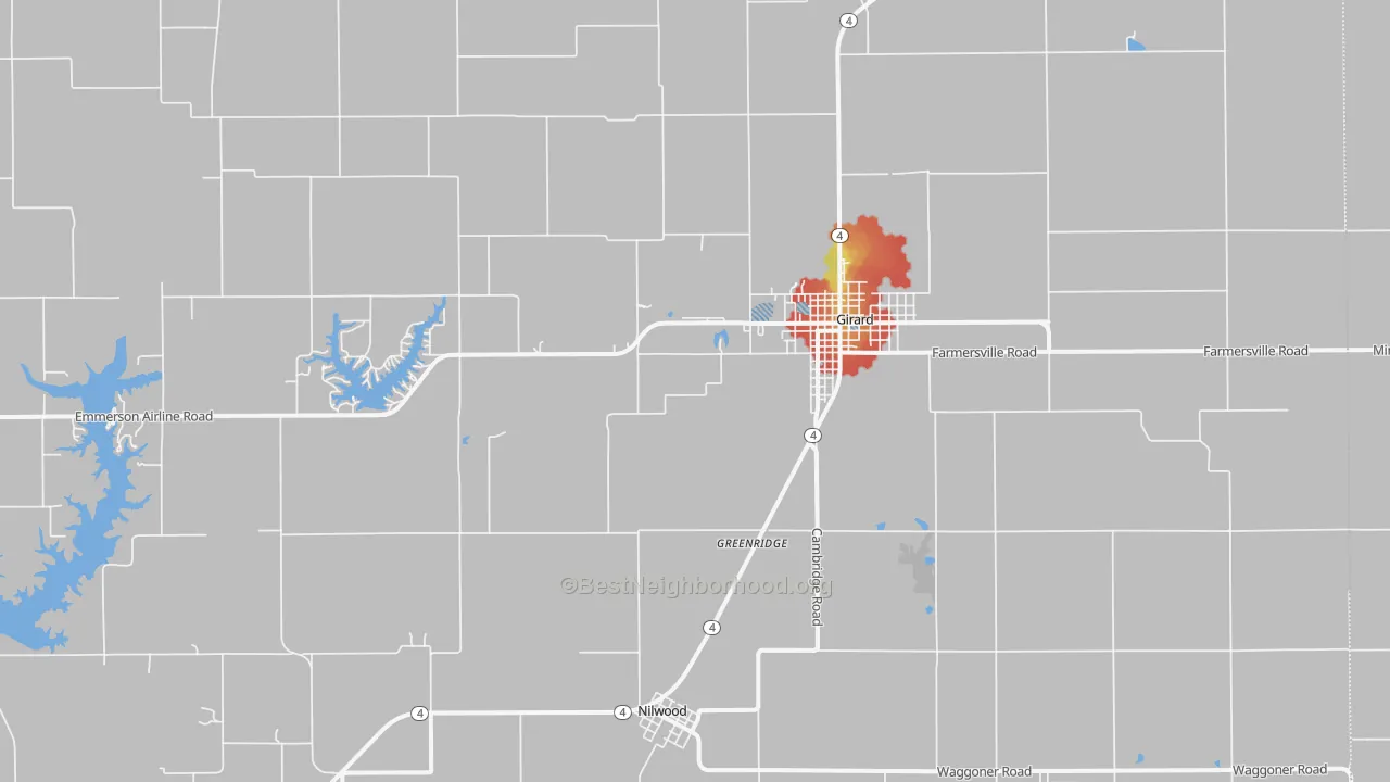 Walk Grade map of 62640, IL, walkable areas in green and car-dependent areas in red