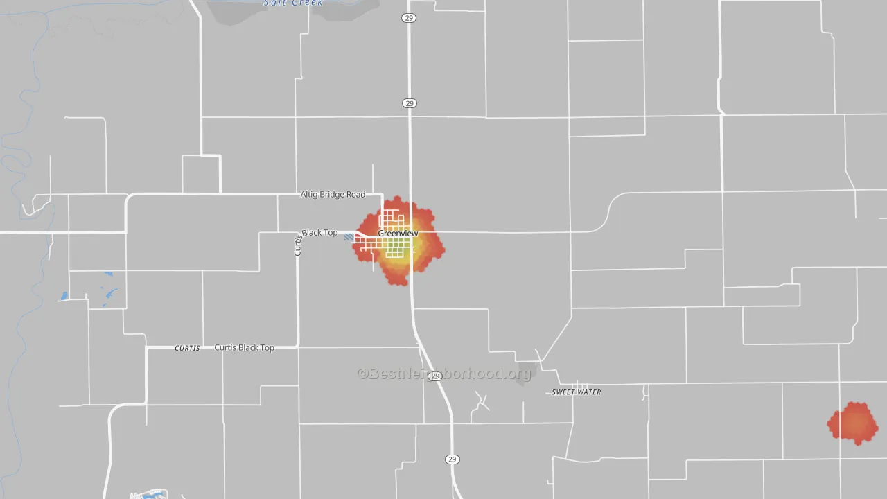 Walk Grade map of 62642, IL, walkable areas in green and car-dependent areas in red