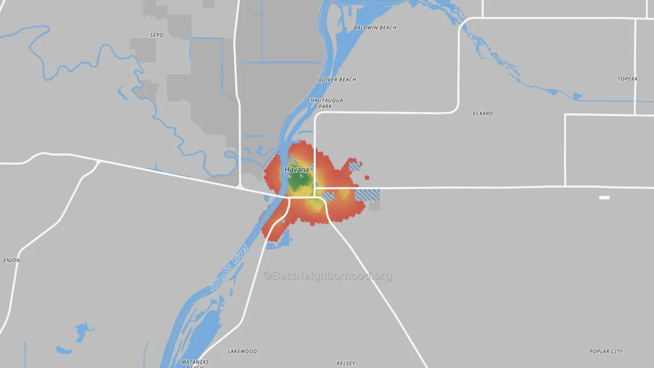 Walk Grade map of 62644, IL, walkable areas in green and car-dependent areas in red
