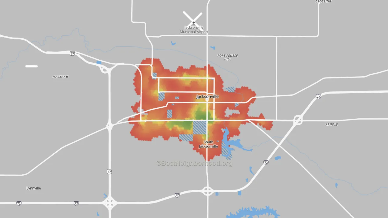 Walk Grade map of 62650, IL, walkable areas in green and car-dependent areas in red