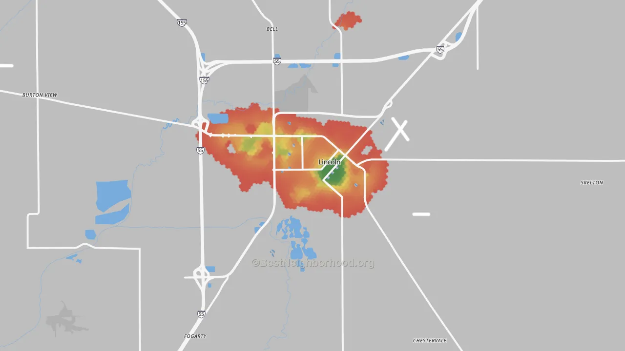 Walk Grade map of 62656, IL, walkable areas in green and car-dependent areas in red