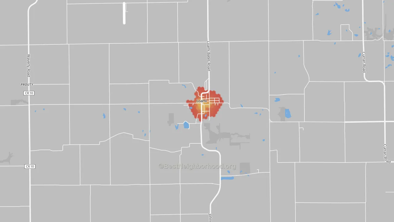 Walk Grade map of 62661, IL, walkable areas in green and car-dependent areas in red