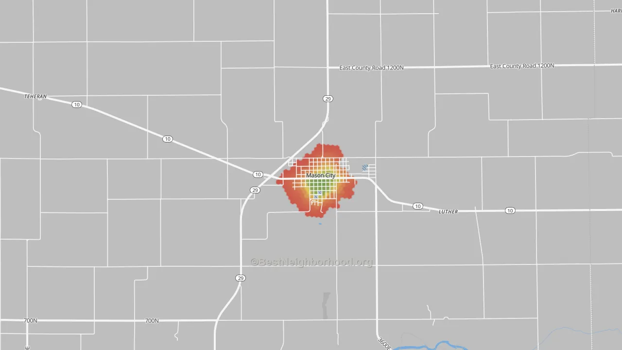 Walk Grade map of 62664, IL, walkable areas in green and car-dependent areas in red