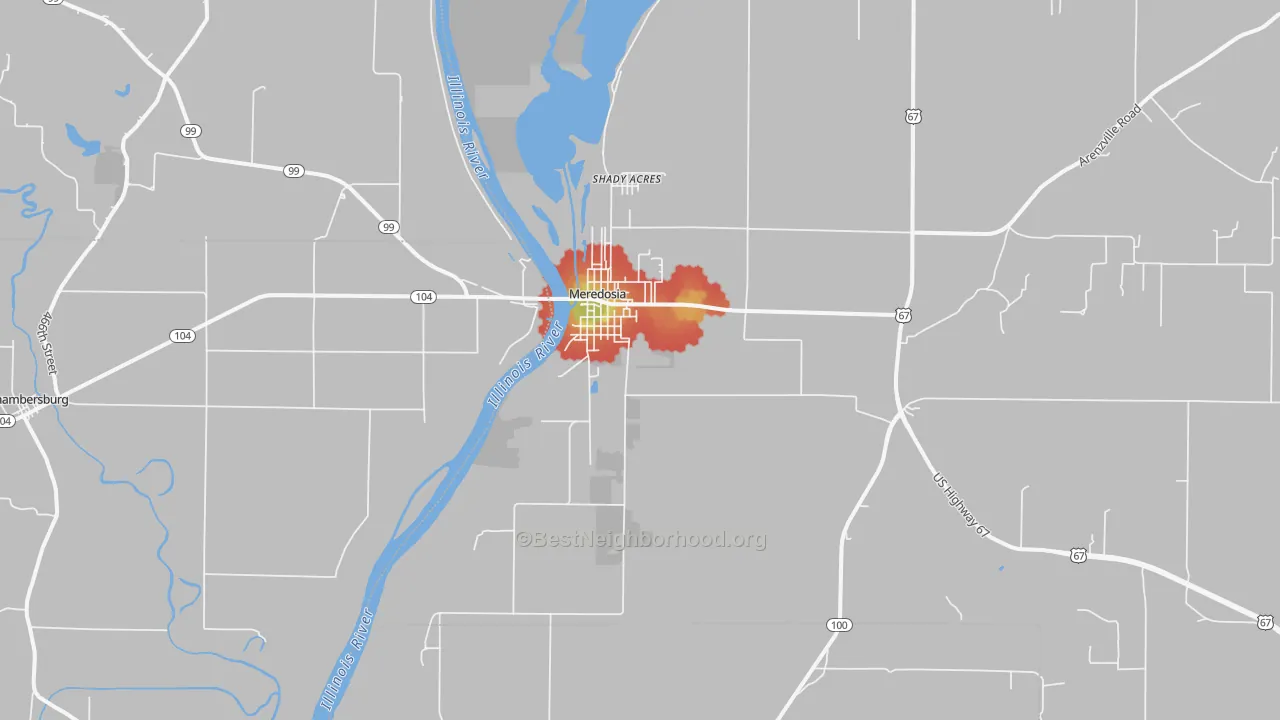Walk Grade map of 62665, IL, walkable areas in green and car-dependent areas in red